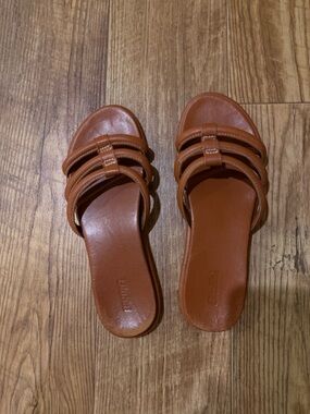 OluKai Triple-Strap Slide Sandals in Cognac